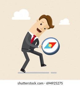 Businessman using compass to find success way. Business navigator.  Vector, Illustration, Flat