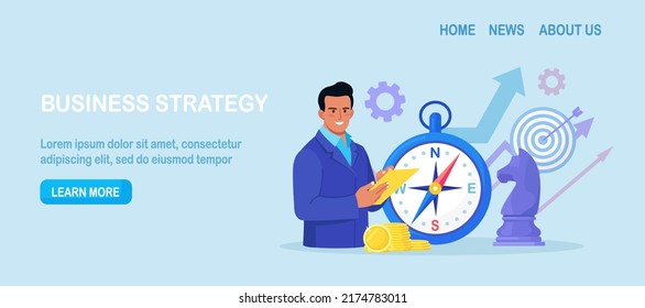 Businessman Using Compass for Navigation and Orientation in Business. Strategic Planning, Future Vision. Business Strategy Direction. Mission concept. Important Decisions, Sets Goals for Company