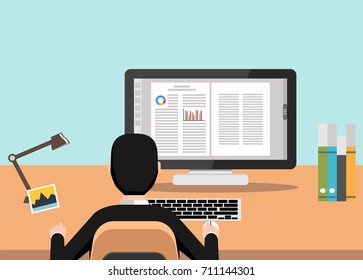 Businessman Using Computer At Desk. Working With Word Processor Illustration. 
