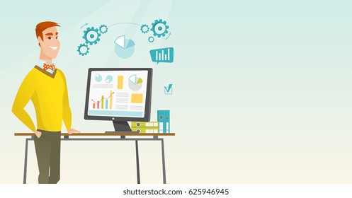 Businessman using computer for making report. Man making business presentation on a computer. Businessman demonstrating report on a computer screen. Vector flat design illustration. Horizontal layout.