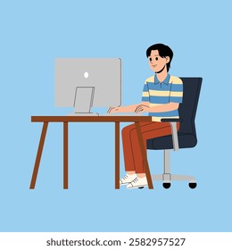 businessman using computer at office desk illustration