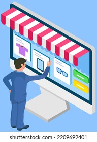 Businessman using computer for online trading, internet shopping. Form of e-commerce allows consumers to directly buy goods or services from merchant over Internet using web browser, mobile app