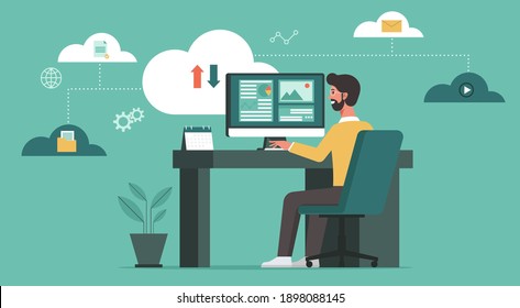 Businessman Using Computer Upload And Download Information And Data On Cloud Computing Technology Network, Work From Home And Anywhere, Flat Vector Illustration