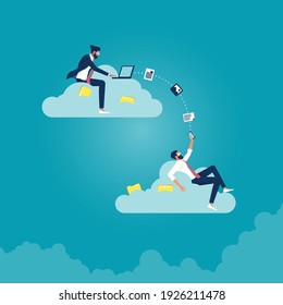 Businessman using computer upload and download information and data on cloud computing technology network, work from anywhere