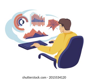 businessman using computer upload and download information and data on cloud computing technology network, work from home and anywhere, flat vector illustration