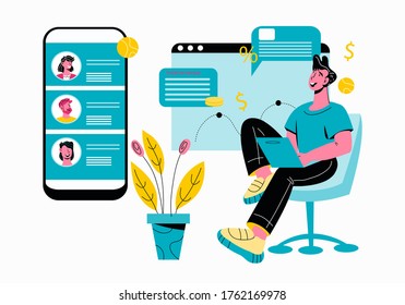 Businessman using computer for virtual meeting and group video conference. Man chatting with team of colleagues online. Vector illustration for online conference and remote freelance work.