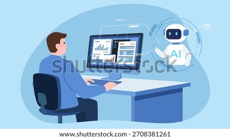 Businessman using a computer to work with AI. Data and charts are displayed on the screen, and a AI robot is shown assisting.The collaboration between humans and AI in data analysis or business tasks.