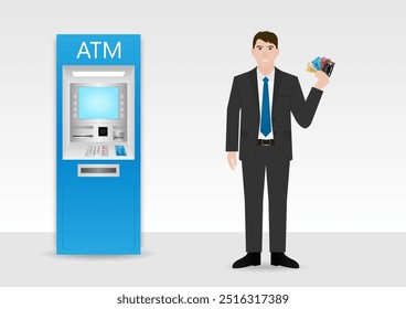 Empresário Usando Cartão de Crédito para Retirar Dinheiro do Caixa Eletrônico. Ilustração de vetor.