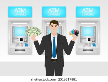 Businessman Using Credit Card to Withdraw Money from ATM. Vector Illustration.