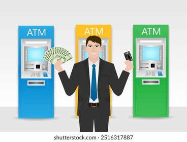 Businessman Using Credit Card to Withdraw Money from ATM. Vector Illustration.