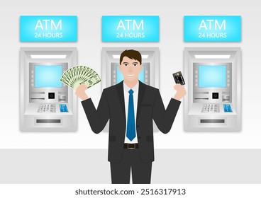Businessman Using Credit Card to Withdraw Money from ATM. Vector Illustration.