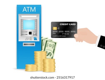 Businessman Using Credit Card to Withdraw Money from ATM. Vector Illustration.