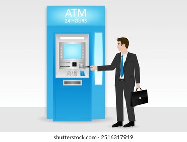 Businessman Using Credit Card to Withdraw Money from ATM. Vector Illustration.