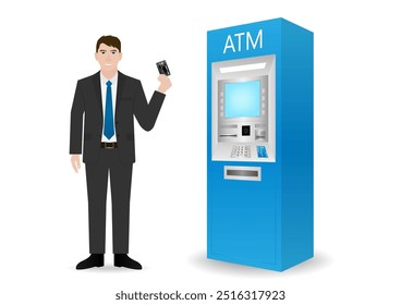 Businessman Using Credit Card to Withdraw Money from ATM. Vector Illustration.