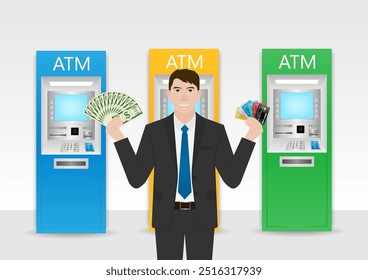 Businessman Using Credit Card to Withdraw Money from ATM. Vector Illustration.