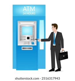 Businessman Using Credit Card to Withdraw Money from ATM. Vector Illustration.