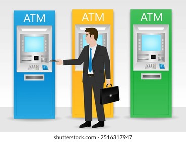 Businessman Using Credit Card to Withdraw Money from ATM. Vector Illustration.