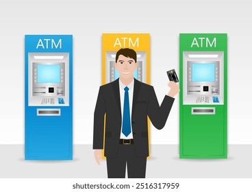 Businessman Using Credit Card to Withdraw Money from ATM. Vector Illustration.