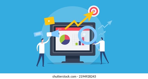 Businessman using data driven marketing strategy, Data analytics application for marketing success - flat design vector illustration with characters