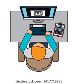 businessman using desktop in the workplace airview