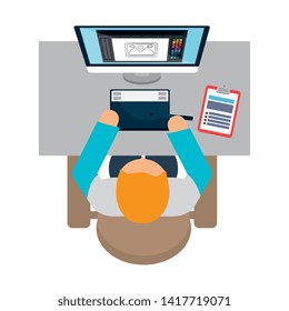 businessman using desktop in the workplace airview