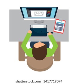 businessman using desktop in the workplace airview