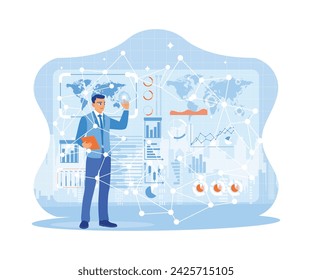 Businessman using a digital tablet with a network connection link on the screen. Analyze global marketing on a virtual screen. Digital marketing networking on modern interface concept. 