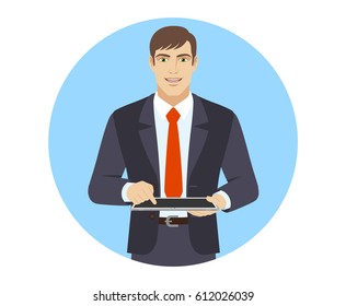 Businessman using digital tablet PC. Portrait of businessman character in a flat style. Vector illustration.