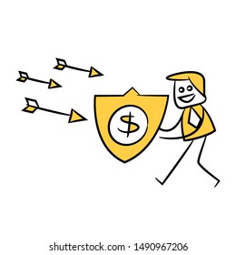 businessman using dollar shield to protect arrows, yellow stick figure 