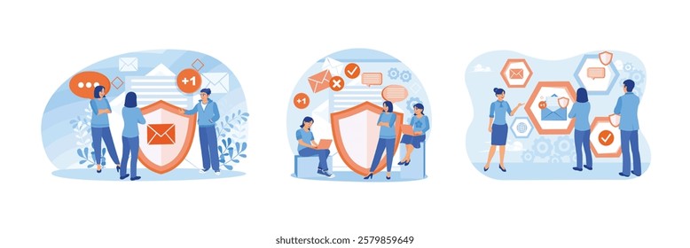 Businessman using electronic devices for work. Analyzing information data. Protect the security of personal data and information. Email encryption concept. Set flat vector illustration.