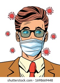 businessman using face mask and covid19 particles pop art style vector illustration design