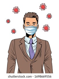 businessman using face mask and covid19 particles pop art style vector illustration design