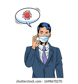 businessman using face mask and covid19 particle in speech bubble vector illustration design
