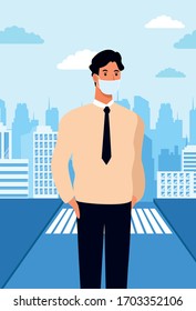 businessman using face mask for covid19 in the street vector illustration design