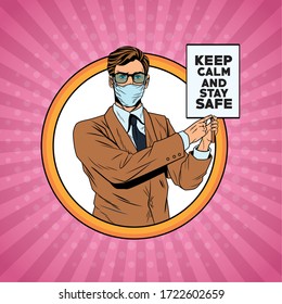 businessman using face mask for covid19 with keep calm banner vector illustration design