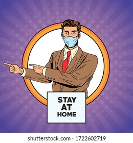 businessman using face mask for covid19 with stay at home banner vector illustration design