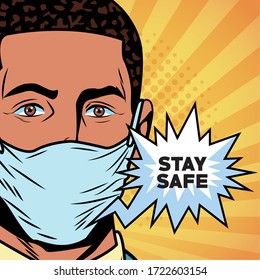 businessman using face mask for covid19 saying stay safe vector illustration design