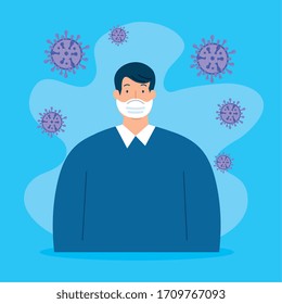 businessman using face mask with particles of covid 19 vector illustration design