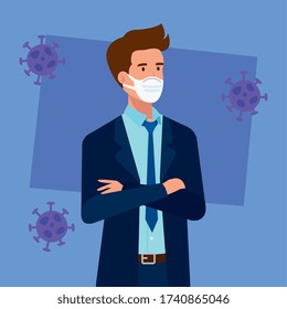 businessman using face mask with particles 2019 ncov vector illustration design