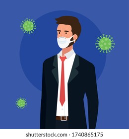 businessman using face mask with particles 2019 ncov vector illustration design