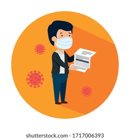 businessman using face mask with receipt and particles covid 19 vector illustration design