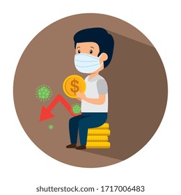 businessman using face mask sitting in pile coins and particles covid 19 vector illustration design