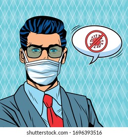 businessman using face mask and stop covid19 message pop art style vector illustration design