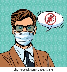businessman using face mask and stop covid19 message pop art style vector illustration design