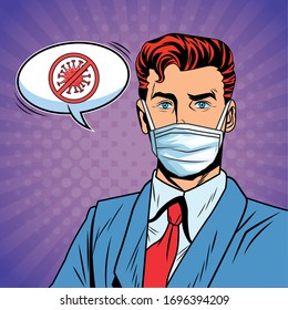 businessman using face mask and stop covid19 message pop art style vector illustration design
