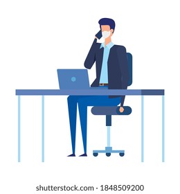 businessman using face mask in the workplace vector illustration design