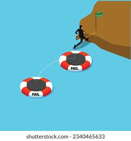 Empresario que utiliza el fracaso de las lecciones aprende para lograr el éxito empresarial isométrico 3d concepto de ilustración vectorial para banner, sitio web, ilustración, página de inicio, volante, etc.
