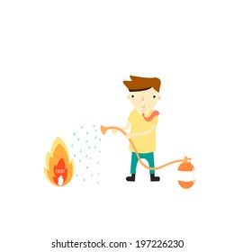 Businessman using fire extinguisher at a target as if controlling debt. 