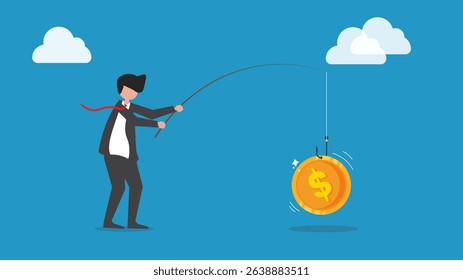 Businessman using fishing rod to catch gold coin. Money success. Financial income. Man making profit. Cash at hook. Fisherman at piers. Economy revenue. Successful startup. 
