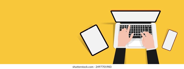 Businessman using gadget for daily activities from above view with laptop, tablet and smartphone